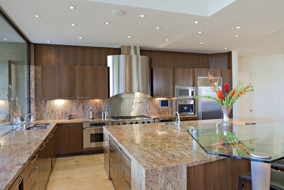 kitchen with marbled countertops